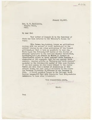 Letter from Julia C. Lathrop, Chief, Children's Bureau to Reverend G. W. Huddleston Regarding Birth Control