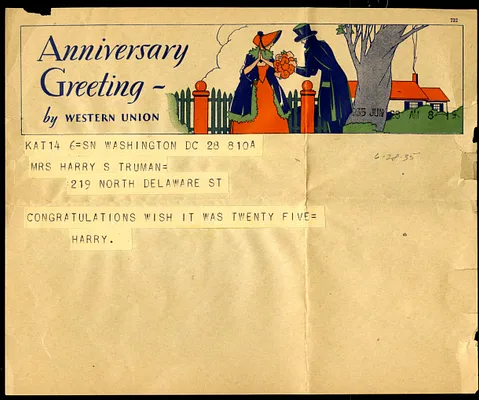 Telegram from Harry S. Truman to Bess W. Truman