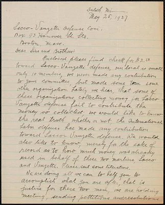 John Kobi (Blacksmiths and Helpers Local No. 23) autograph letter signed to Sacco-Vanzetti Defense Committee, Duluth, Minn., May 25, 1927