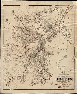 Map showing horse rail roads and the surface steam roads with 104 stations in and around Boston