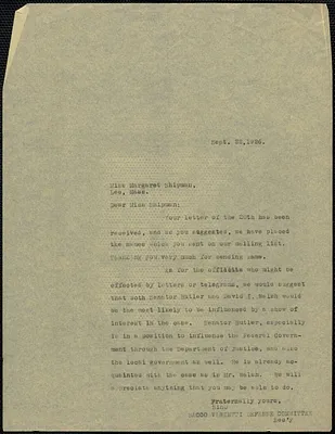 Sacco-Vanzetti Defense Commitee typed letter (copy) to Margaret Shipman,, September 22, 1926