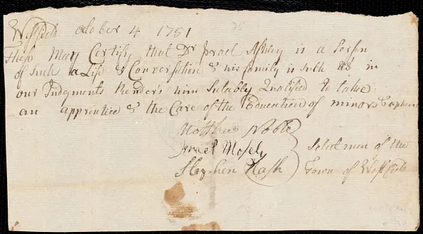Ann Fosdike indentured to apprentice with Israel Ashley of Westfield, 23 January 1752