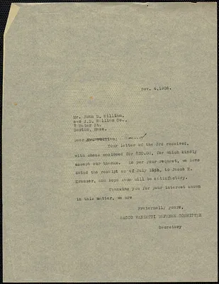 Sacco-Vanzetti Defense Committee typed letter (copy) to John D. William, Boston, Mass., November 4, 1926