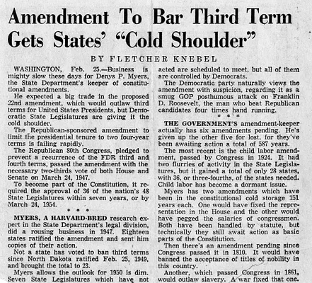 Newspaper Article, Amendment to Bar Third Term Gets States' "Cold Shoulder," by Fletcher Knebel