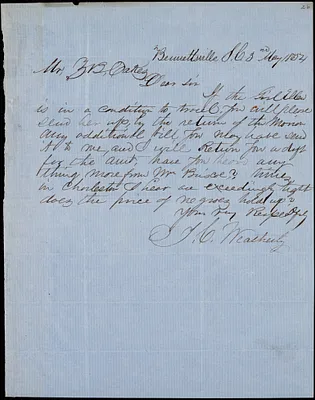 T. C. Weatherby, Bennettsville, S.C., autograph letter signed to Ziba B. Oakes, 3 May 1854