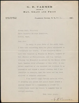 G. D. Carmer typed letter signed to Sacco-Vanzetti Defense Committee, Clarence Center, N.Y., May 9, 1927