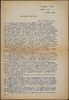 Bartolomeo Vanzetti typed letter (copy) to Luigia Vanzetti, Dedham, 7 May 1928