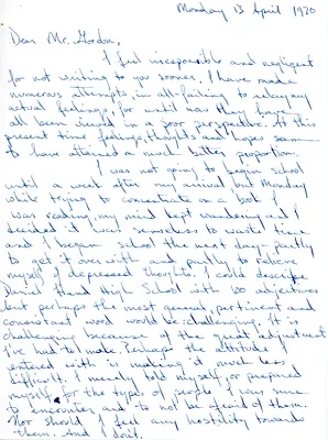 Letter to Don Gordon from former Abbot Academy student Kim, April 13, 1970