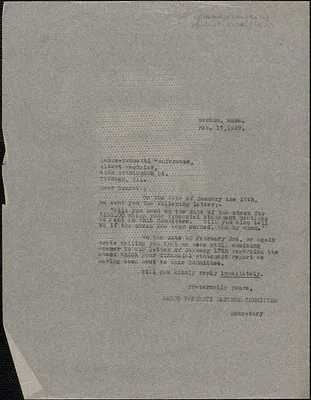 Sacco-Vanzetti Defense Committee typed letter (copy) to Albert Wechsler (Sacco-Vanzetti Conference of Chicago), Boston, Mass., February 17, 1927