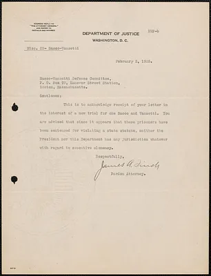 James Finch (Department of Justice) typed note signed to Sacco-Vanzetti Defense Committee, Washington, D.C., February 2, 1925