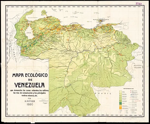 Mapa ecológico de Venezuela que demuestra las zonas naturales, los cultivos, las vías de comunicación y los principales centros mineros, etc