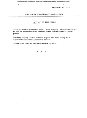 President will Travel to Elkins West Virginia and Newark, New Jersey on October 4, 1975 [Schedule]