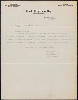 Jack Ujanen (Work Peoples College) typed note to Sacco-Vanzetti Defense Committee, Duluth, Minn., December 20, 1927