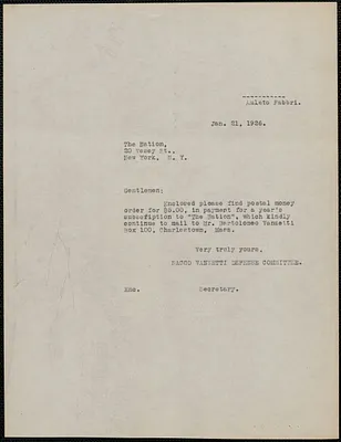 Amleto Fabbri (Sacco-Vanzetti Defense Committee) typed letter (copy) to The Nation, Boston, Mass., January 21, 1926