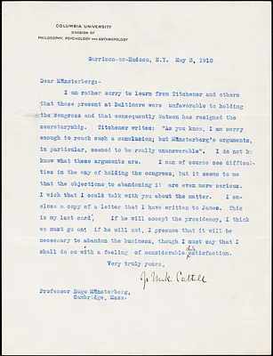 Cattell, James McKeen, 1860-1944 typed letter signed to Hugo Münsterberg, Garrison-on-Hudson, 3 May 1910