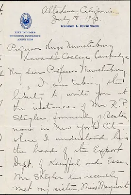 Dickinson, Bertha (Lovewell) fl. 1913 autograph letter signed to Hugo Münsterberg, Altadena, Calif., 18 July 1913