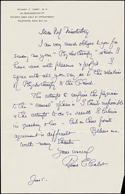 Cabot, Richard Clarke, 1868-1939 autograph letter signed to Hugo Münsterberg, Boston, 5 June [1909]