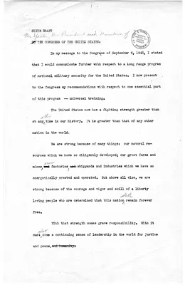 Sixth Draft of Speech for President Harry S. Truman on Universal Military Training