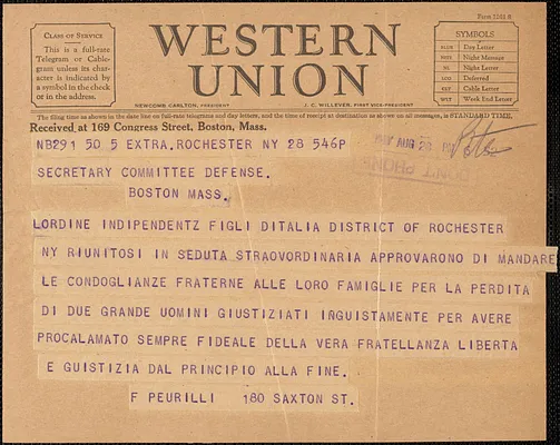 F. Peurilli telegram, in Italian, to [Sacco-Vanzetti Defense Committee], Rochester, N. Y., August 28, 1927