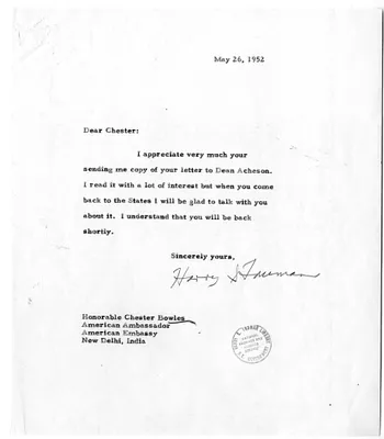 Correspondence Between President Harry S. Truman and Chester Bowles, with Attachment