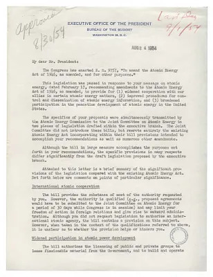 Letter, Assistant Director for Legislative Reference to President Dwight D. Eisenhower