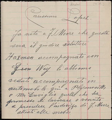 V. Brini autograph note signed, in Italian, to [Frank R.] Lopez, [Plymouth, Mass., 1923?]