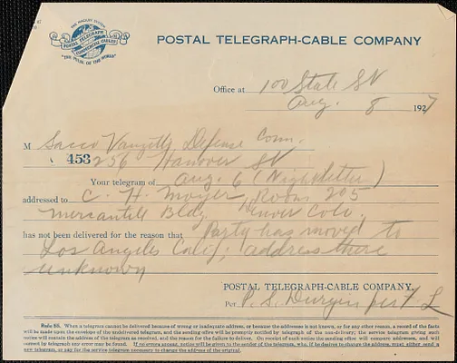 Postal Telegraph-Cable Company printed form to Sacco-Vanzetti Defense Committee, Boston, Mass., August 8, 1927
