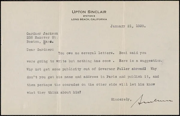 Upton Sinclair typed note signed to Gardner Jackson, Long Beach, Calif., January 21, 1929