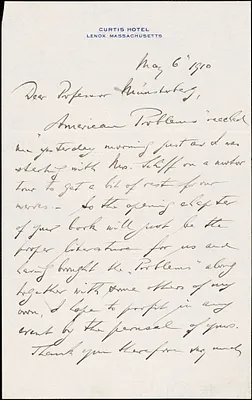 Schiff, Jacob Henry, 1847-1920 autograph letter signed to Hugo Münsterberg, Lenox, Mass., 06 May 1910
