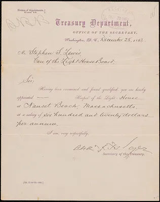 Appointment letter from Charles J. Folger, Secretary of the Treasury, to Stephen S. Lewis, 1883 December 28