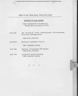 President's Schedule for November 27, 1974
