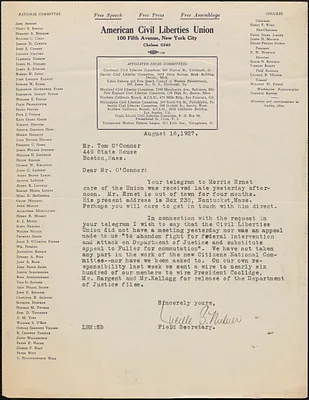 Lucille B. Milner (American Civil Liberties Union) typed letter signed to Tom O'Connor (Citizens National Committee for Sacco and Vanzetti), New York, N. Y., August 16, 1927