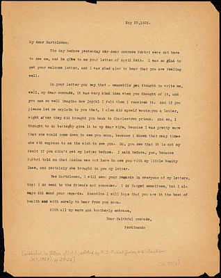 Nicola Sacco typed letter (copy) to Bartolomeo Vanzetti, [Dedham], 23 May 1925