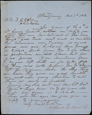 Burch, Kirkland & Co., Montgomery, Ala., manuscript letter signed to Ziba B. Oakes, 7 November 1856