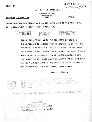 Telegram from Rear Admiral Robert Dennison to the Department of State