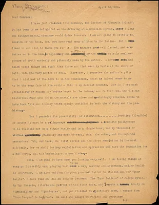 Bartolomeo Vanzetti typed letter (copy) to Mary Donovan, [Charlestown], 10 April 1924