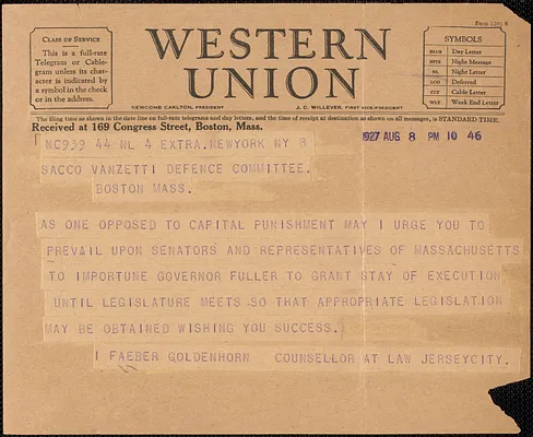 I. Faeber Goldenhorn telegram to Sacco-Vanzetti Defense Committee, New York, N.Y., August 8, 1927