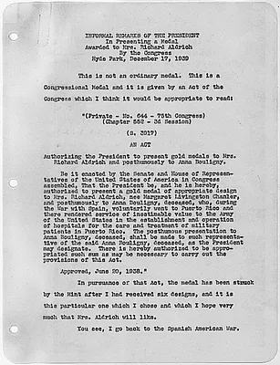 Informal remarks of the President in presenting a medal awarded to Mrs. Richard Aldrich by the Congress in Hyde Park, N.Y.