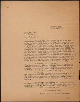 Sacco-Vanzetti Defense Committee typed letter (copy) to C. H. Perrini, Boston, Mass., September 2, 1927