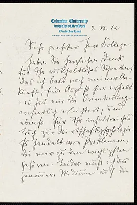 Krueger, Felix, 1874-1948 autograph letter signed to Hugo Münsterberg, New York, 2 December 1912