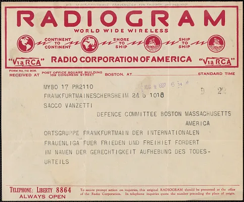 Internationale Frauenliga für Frieden und Freiheit telegram, in German, to Sacco-Vanzetti Defense Committee, Frankfurt, Germany, August 6, 1927