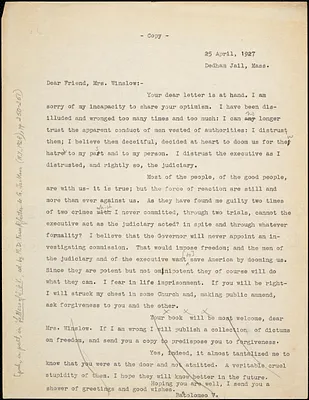 Bartolomeo Vanzetti typed letter (copy) to Gertrude L. Winslow, Dedham, 25 April 1927