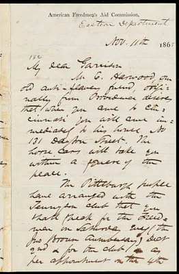 Letter from James Miller M'Kim, American Freedmen's Aid Commission, Eastern Department, to William Lloyd Garrison, Nov. 11th, 1865