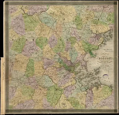 New map of the vicinity of Boston, with the dates of settlement, population in 1840, and distance from the capital
