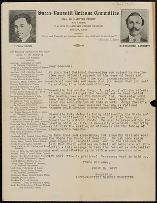 Frank R. Lopez (Sacco-Vanzetti Defense Committee) typed letter signed (circular) to Dear Comrade, Boston, Mass., approximately [January? 1923?]