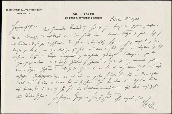 Adler, I. (Isaac), 1849-1918 autograph note signed to Hugo Münsterberg, New York, 18 October 1913