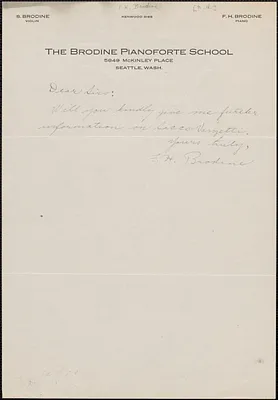 F. H. Brodine (Brodine Pianoforte School) autograph note signed, Seattle, Wash., [1927?]