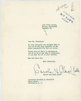 Letter, Carole Lombard and Clark Gable to Franklin Roosevelt