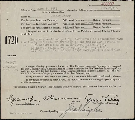 Policy amendment from The Travelers Insurance Company for George Knapp, June 8, 1937