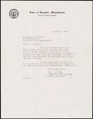 Letter from Hazel J. Murray, on behalf of the Selectmen, to Edwin B. Worthen, April 15, 1947